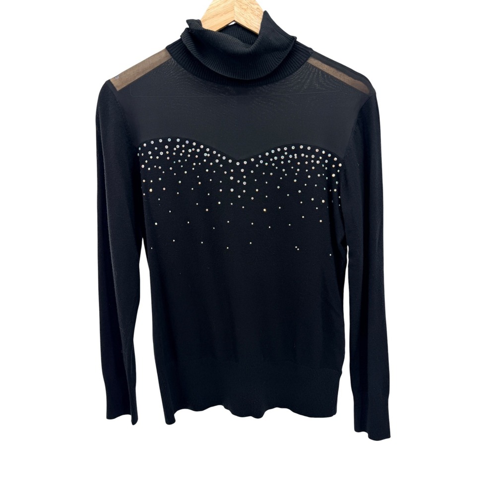 Boston Proper Rhinestone Mesh Illusion Sweater M Black Turtleneck Embellished